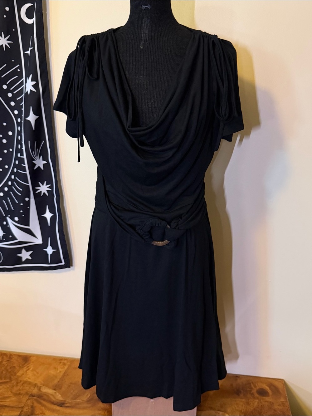 Faux Wrap Dress With Belt L Little Black Dress V-neck Whimsigoth Corporate Midi